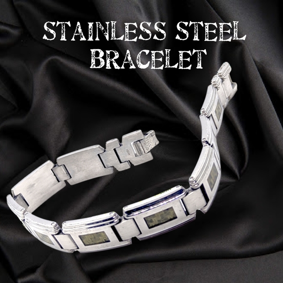 Stainless Steel Unisex Bracelet with Tungsten Green Fiber Accents - Picture 5 of 10